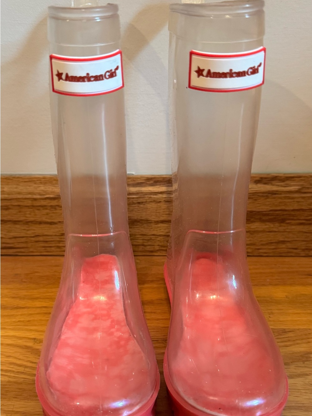 American Girl Wellie Wishers 10/11 Clear Pink Rain Boots Wellies Peekaboo Socks